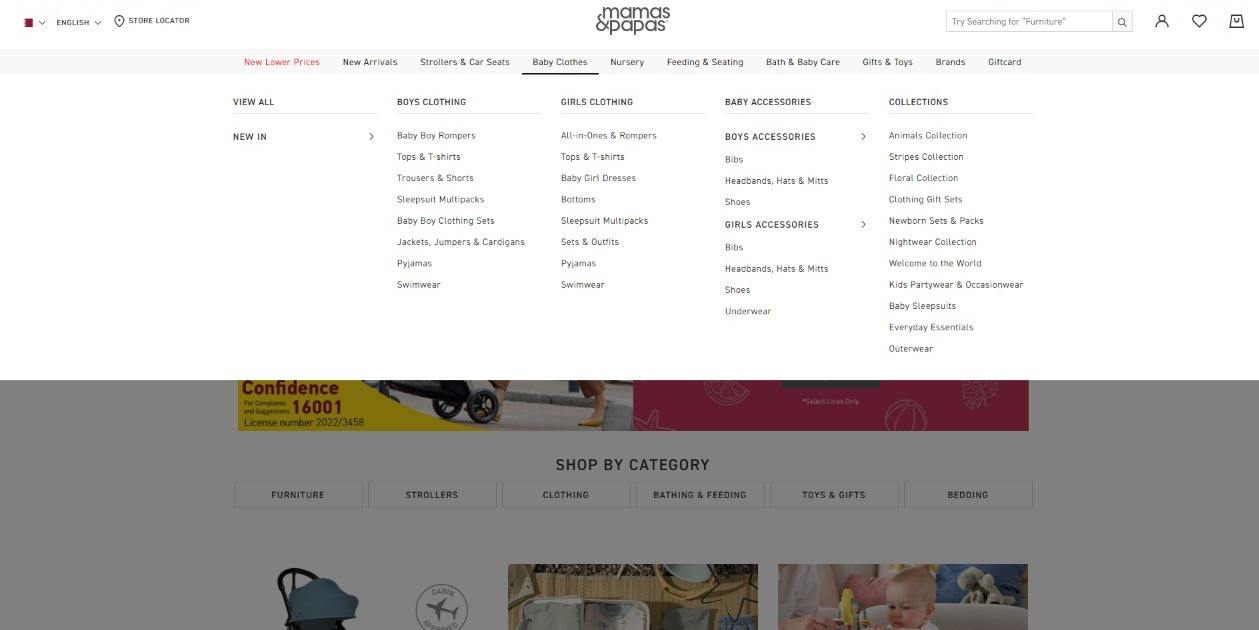 Mamas and Papas Clothing Category Chart